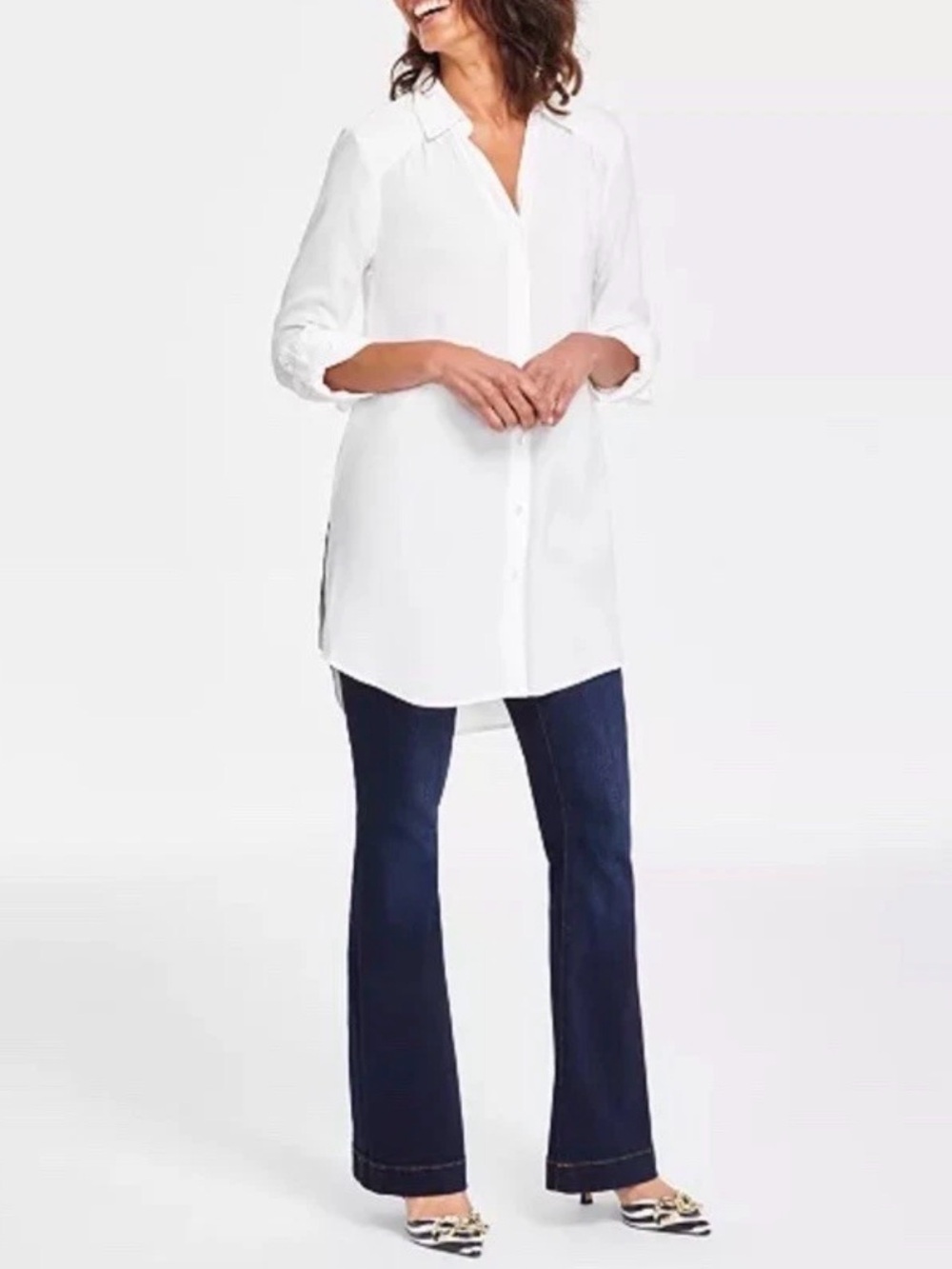 I.N.C. International Concepts Women's Roll-Tab Button-Down Long White Blouse L
